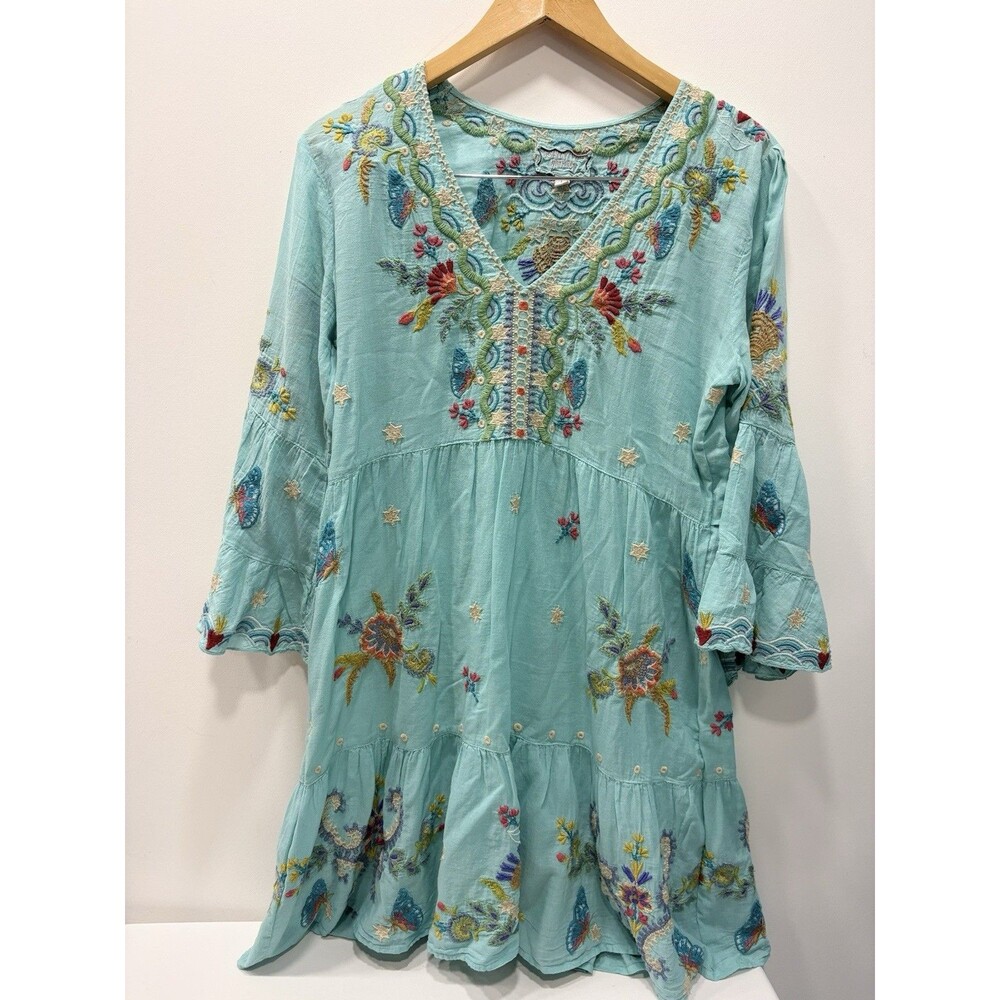Johnny Was Workshop Tiered Peacock Dress Tunic Women’s L Teal Gorgeous Embroider